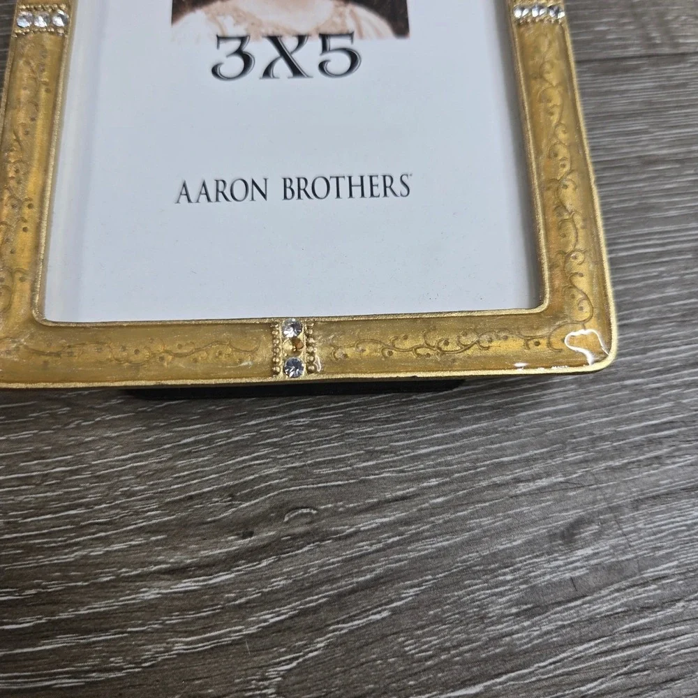 Lot of 2 Aaron Brothers Gold Enamel Rhinestone 3x5 Tabletop Picture Frame Pair